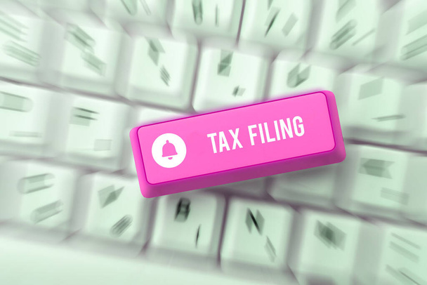 Teken weergeven Tax Filing, Zakelijke aanpak Het indienen van documenten ingediend bij de belastingbetaler financiële informatie - Foto, afbeelding