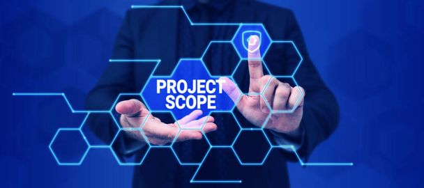 Надпись от руки Project Scope, Word for evaluation of work efforts a product development requires to complete - Фото, изображение