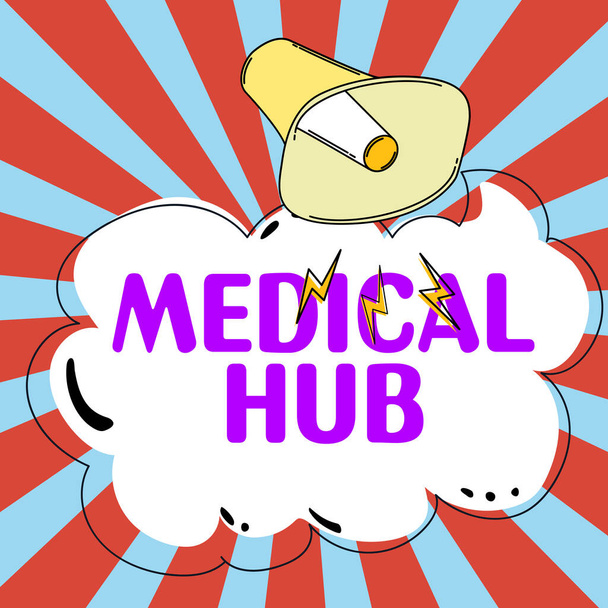 Leyenda de texto que presenta Medical Hub, concepto de negocio Punto de conexión común para dispositivos médicos en una red - Foto, imagen