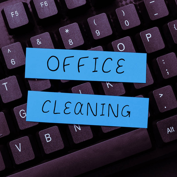 Вивіска, що відображає прибирання офісу, бізнес-концепція дія або процес прибирання внутрішньої частини офісної будівлі
 - Фото, зображення