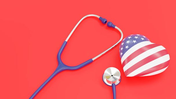 American Heart Month. Vierwöchige Veranstaltung zum Thema Herz-Kreislauf-Gesundheit. Herz der US-Flagge und blaues Stethoskop auf rotem Hintergrund. 3D-Darstellung. - Foto, Bild