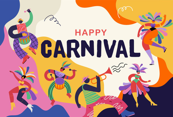 Happy Carnival, Brazilië, Zuid-Amerika Carnaval met samba dansers en muzikanten. Festival en Circus event design met grappige artiesten, dansers, muzikanten en clowns. Kleurrijke vectorachtergrond  - Vector, afbeelding