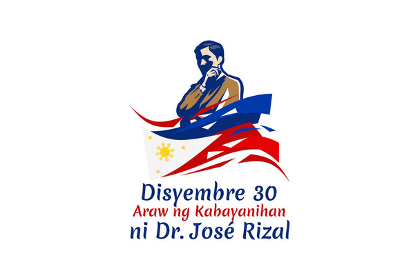 Tłumaczenie: 30 grudnia, Dzień Bohaterów Dr. Jose Rizal. Szczęśliwego Dnia Rizala Ilustracja wektora. Nadaje się do kartki okolicznościowej, plakatu i banera. - Wektor, obraz