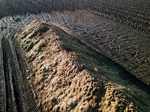 sugar beet dump. on a pile covered with straw as protection against frost.field around pile is strongly compacted and water will not soak in here. heavy tractors, loaders stamped arrow tires, winter - Photo, Image