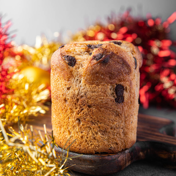 Panettone Christmas dessert sweet traditional baking easter cake fresh  meal food snack on the table copy space food background rustic top view - Photo, Image