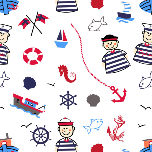 Nautical seamless pattern background with sailors - Vector, Image