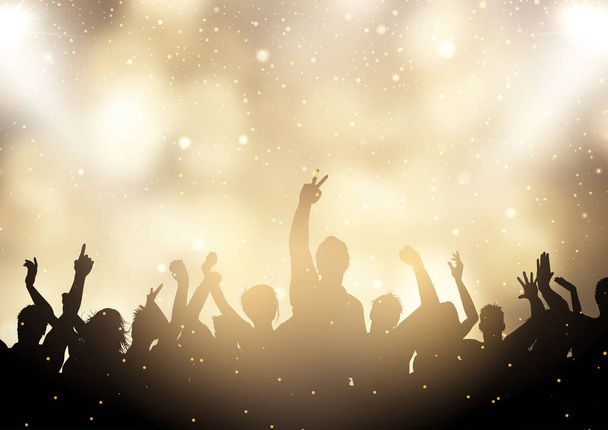 Silhouet van een party publiek op een gouden bokeh lichten achtergrond - Vector, afbeelding