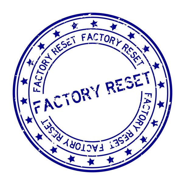 Grunge modrá továrna resetovat slovo s ikonou hvězdy kulaté gumové pečetě razítko na bílém pozadí - Vektor, obrázek
