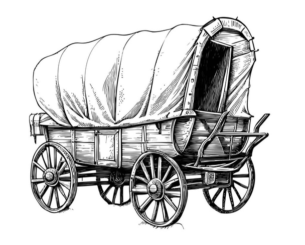 Καλυμμένο βαγόνι stagecoach ρετρό σκίτσο χέρι σχέδιο χαρακτικής στυλ Διάνυσμα εικονογράφηση - Διάνυσμα, εικόνα