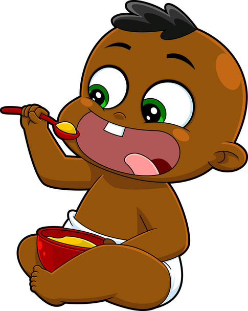 Ο Αφρο-Αμερικανός Cartoon Boy τρώει τον χαρακτήρα του με ένα κουτάλι από ένα μπολ. Εικονογράφηση διανυσματικού χεριού που απομονώνεται σε διαφανές φόντο - Διάνυσμα, εικόνα