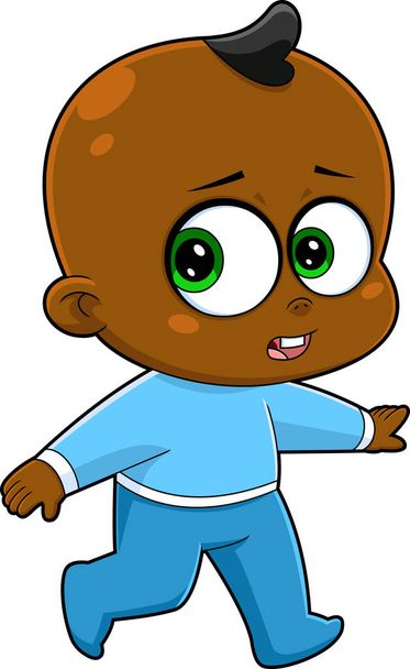 El personaje de dibujos animados afroamericano Baby Boy da los primeros pasos. Ilustración dibujada a mano vectorial aislada sobre fondo transparente - Vector, imagen