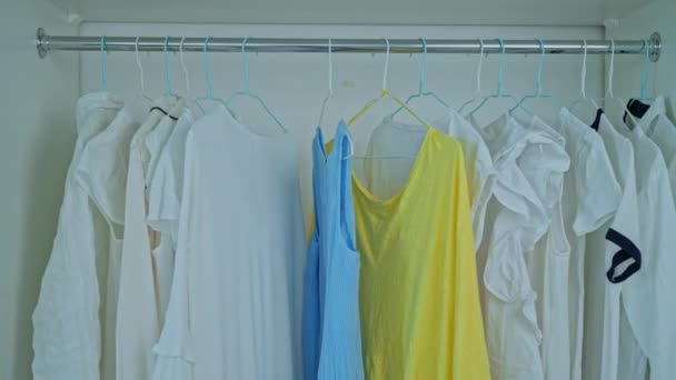 κρεμάστρες με διαφορετικά πουκάμισα και φορέματα στην ντουλάπα - Πλάνα, βίντεο