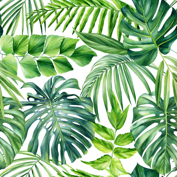 Liście palmy, tropikalne tło, ręcznie rysowany akwarelowy obraz botaniczny. Płynny wzór, tapeta w dżungli. Wysokiej jakości ilustracja - Zdjęcie, obraz