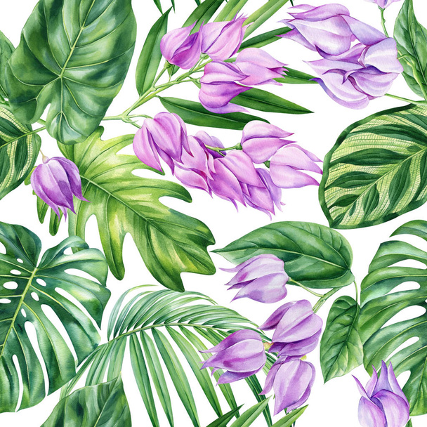 Пальмовые листья, фиолетовые цветы, тропический фон, акварельная ботаническая живопись. Бесшовный рисунок, обои из джунглей. Высокое качество иллюстрации - Фото, изображение