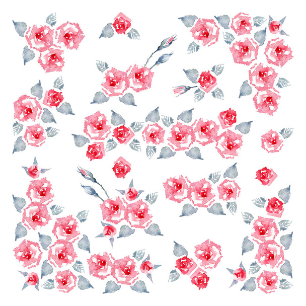 Rosa Escalada Vermelha "Etoile de Hollande". Conjunto de rosas vermelhas puras do jardim inglês flores, folhas e botões. Bouquets de flores aquarela. Modelo de design. Ilustração artística sobre um fundo branco. - Foto, Imagem