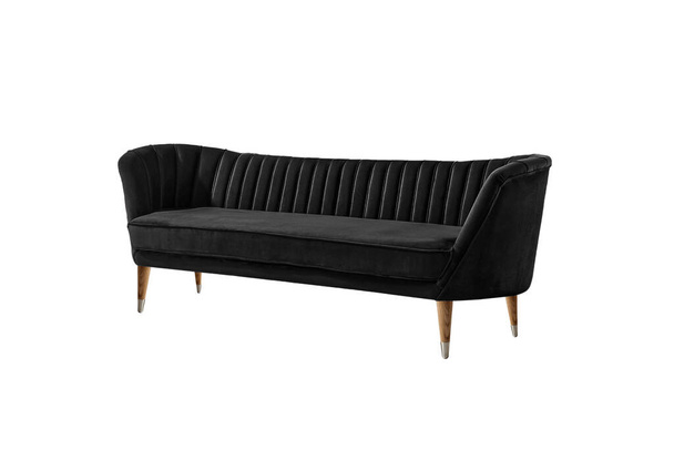 Stílusos fekete szövet kanapé fa lábakkal elszigetelt fehér háttérrel. Divatos kényelmes egy darab bútor. Luxus bársony kanapé oldalra néző. Belső tárgy. Bútorsorozat - Fotó, kép