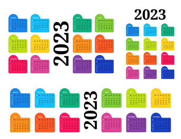 Conjunto de tres calendarios para 2023 en diferentes formas aisladas sobre un fondo blanco. De domingo a lunes, plantilla de negocios. Ilustración vectorial - Vector, Imagen