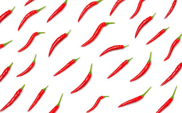 Red hot little chili peppers  isolated on white background. Top view. Flat lay - Photo, Image