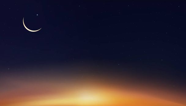 Fundo islâmico, Ramadan Kareem design de cartão de saudação com Crescent Moon em Sunset Sky fundo, Religiões vetoriais simbólica de muçulmano para Eid Mubarak, Eid al adha.Eid al fitr, Muharram ano novo islâmico - Vetor, Imagem