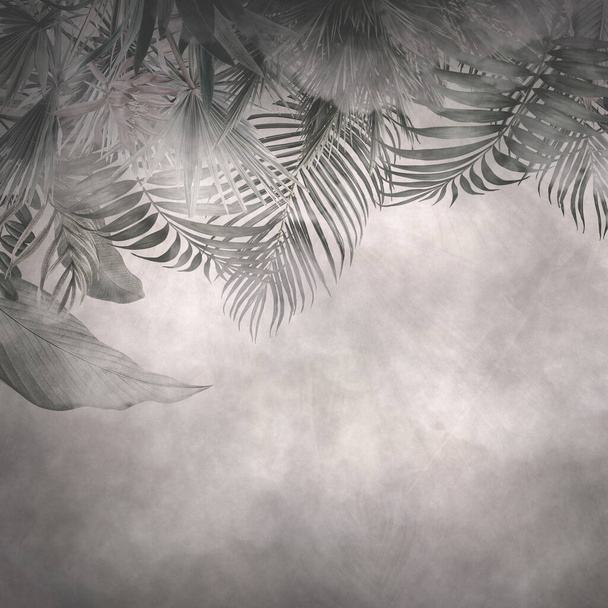 Papel pintado tropical, árboles tropicales y hojas, diseño de papel pintado para la impresión digital-3d ilustración - Foto, imagen