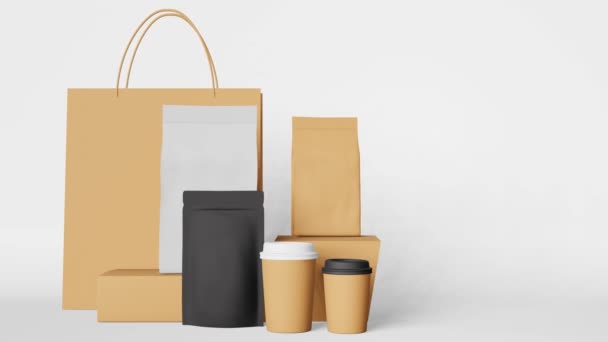 Packaging set paper shopping bag black pouch coffee cups box mockup 3D animation. Take away food delivery sale banner. Shop discount demonstration. Merchandise promo design Blank product pack template - Imágenes, Vídeo