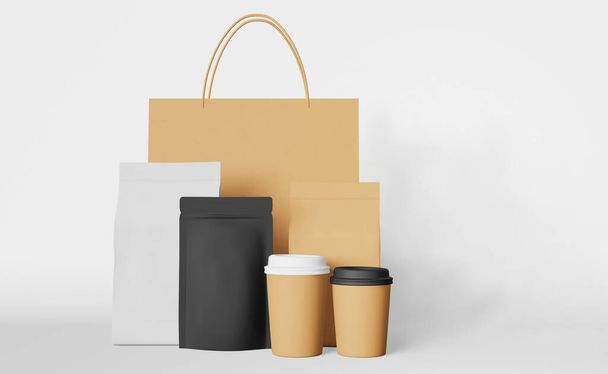 Csomagolási készlet papír bevásárló táska fekete tasak kávéscsésze mockup 3D renderelés. Vegyék el az ételkihordási plakátot. Műhely kedvezmény bemutató. Merchandise promo design Üres termék csomag sablon - Fotó, kép