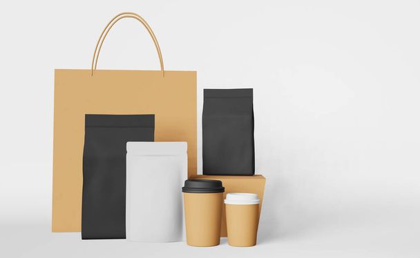 Set de empaquetado bolsa de compras de papel bolsa negra café tazas caja maqueta 3D renderizado. Llevar banner de venta de comida a domicilio. Tienda demostración de descuento. Diseño promocional de mercancía Plantilla de paquete de producto en blanco - Foto, imagen