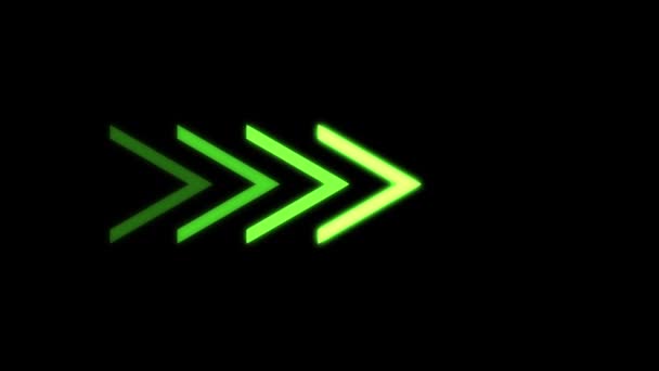 Videofelvétel ragyogó neon zöld nyilakról fekete háttérrel. Looped Neon Lines elvont VJ háttér. Irányjelző nyíl jobbra mutat. Zökkenőmentes hurok. - Felvétel, videó