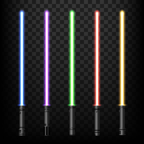 Light swords, glow sabers set. Isolated vector blue, purple, green, yellow and red laser jedi neon glowing sabres for star fights in space. Melee weapon with beams or rays for combat - Vector, Image