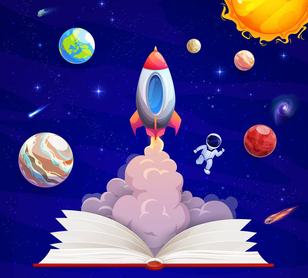 Libro scolastico con lancio di razzi e paesaggio spaziale. Concetto di conoscenza e immaginazione, istruzione universitaria o formazione alla lettura di fantascienza con libro aperto, decollo di astronavi e pianeti galattici - Vettoriali, immagini