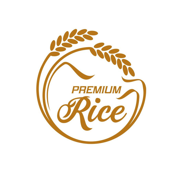 Rizs ikon, vektorembléma kerek gabonaszárakkal és prémium rizs tipográfiával. Paddy emelkedése ökológiai természetes termék címke, mezőgazdasági szántóföldi termelés reklám, elszigetelt eleme csomag - Vektor, kép