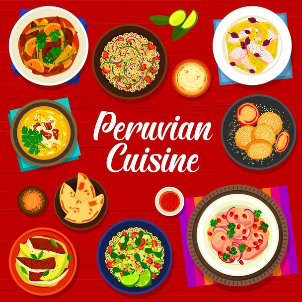 Die Speisekarte der peruanischen Küche umfasst Vektorgerichte mit Meeresfrüchten, Ceviche aus Gemüsefisch und Fleischgerichte mit Dessert. Mais-Chowder und Rindfleisch Lomo Saltado, Quinoa-Bohnensalat und Sandwich-Plätzchen Alfajor - Vektor, Bild