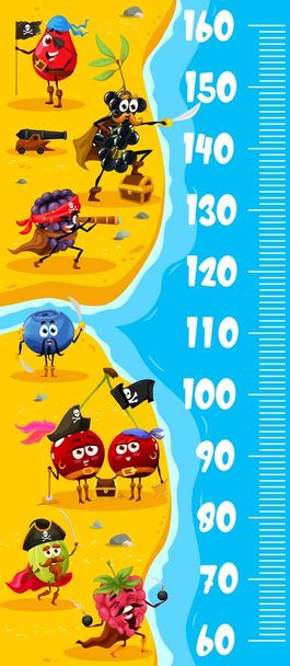 Kids height chart. Cartoon berry pirates and corsairs on treasure island. Kids growth measure vector ruler with rosehip, raspberry and blueberry, elderberry, blackberry and cherry twins - Vector, Image