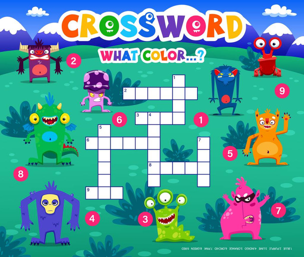 Crossword quiz game, cartoon monster characters. Vector worksheet, kids test grid, cross word brainteaser for children with funny aliens mutants and empty letter boxes. Educational baby puzzle task - Vector, Image