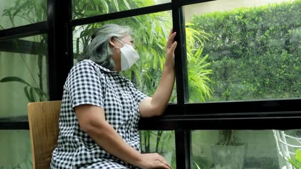Asiática mulher idosa introvertida em máscara assistindo estação chuvosa por janela dentro da casa humor deprimido durante o tratamento com coronavírus e auto quarentena em casa - Filmagem, Vídeo