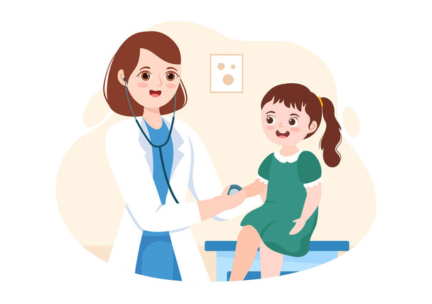 Παιδίατρος Εξετάζει άρρωστα παιδιά και το μωρό για την ιατρική ανάπτυξη, τον εμβολιασμό και τη θεραπεία σε επίπεδο χέρι κινουμένων σχεδίων σχεδιάζεται πρότυπα Εικονογράφηση - Διάνυσμα, εικόνα