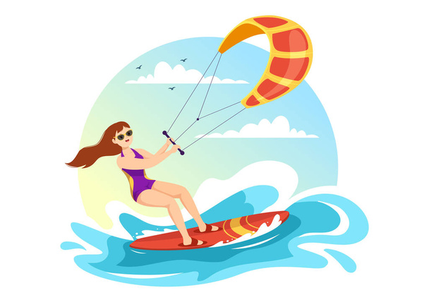 Кайтсерфинг с кайтсерфером, стоящим на кайтсерфинге в Летнем море в плоском мультфильме о водных видах спорта - Вектор,изображение