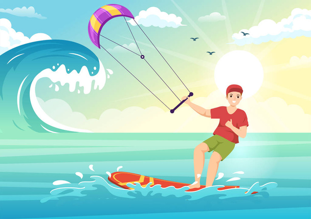 Кайтсерфинг с кайтсерфером, стоящим на кайтсерфинге в Летнем море в плоском мультфильме о водных видах спорта - Вектор,изображение