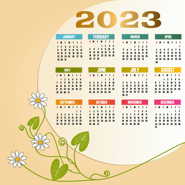Kuukausi 2023 Kalenteri. Viikko alkaa sunnuntaina - varastossa vektori kuva - Vektori, kuva