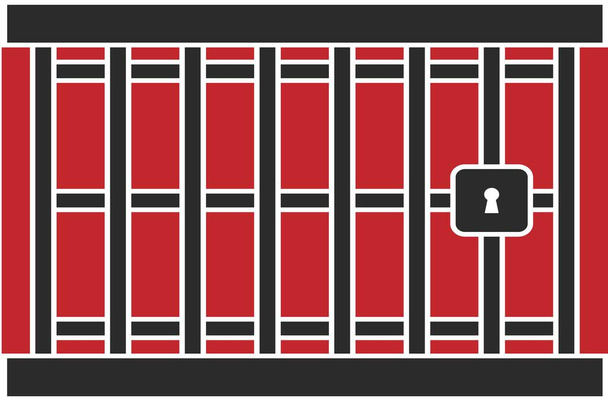 Gefängnisinnenraum. Verschlossene Tür, blutiger Hintergrund. 3D-Illustration - Vektor, Bild