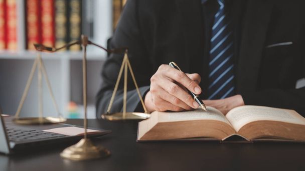 Lawyers read legal books defend their clients' cases, the lawyer concept assumes that the defendant defends the client in order to win the case or gain the greatest benefit in accordance with the law. - Zdjęcie, obraz