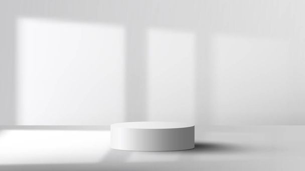 3D realistischer leerer Studioraum weißer Zylinderpodiumsständer mit Fensterbeleuchtung Schatten auf sauberem Szenenhintergrund minimalen Stil. Produktpräsentation für Kosmetik, Showroom, Vitrine, Präsentation usw. Vektorillustration - Vektor, Bild