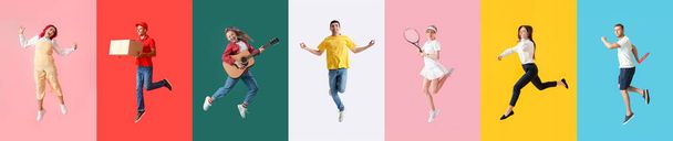 Collage of jumping young people on color background - Photo, image