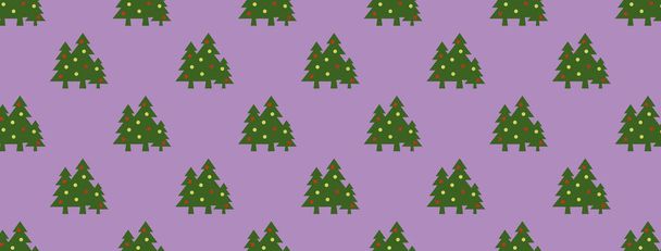 Nahtloses Muster. Bild von grünen Weihnachtsbäumen mit Kugeln auf lila Hintergrund. Symbol für Neujahr und Weihnachten. Vorlage zum Auflegen auf der Oberfläche. Horizontalbild. 3D-Bild. 3D-Darstellung - Foto, Bild