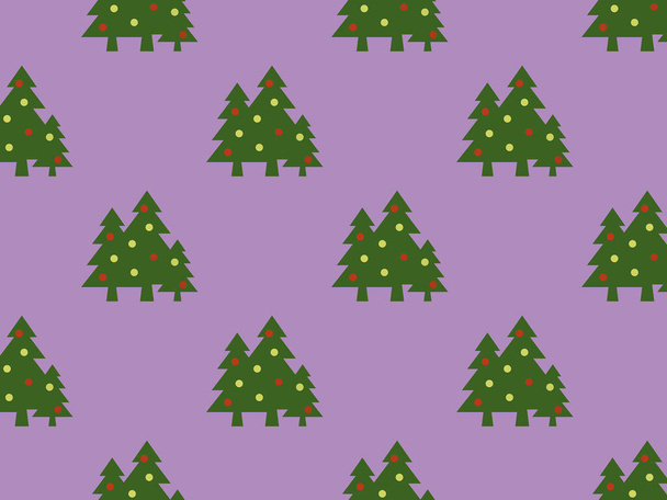 Nahtloses Muster. Bild von grünen Weihnachtsbäumen mit Kugeln auf lila Hintergrund. Symbol für Neujahr und Weihnachten. Vorlage zum Auflegen auf der Oberfläche. Horizontalbild. 3D-Bild. 3D-Darstellung - Foto, Bild