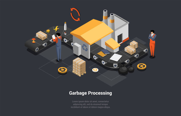 Zero Waste, Recycling For Environmental, Garbage Manufacturing Concept. Workers Collecting, Sorting Garbage. People Recycle Junk On Conveyor Belt At Factory. Isometric 3d Cartoon Vector Illustration. - Vector, imagen