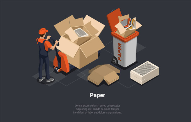 Zero Waste, Reuse, Eco-Friendly, Segregation And Recycling Garbage Process. Worker Is Collecting And Throwing Paper Waste Into Container. Cardboard Trash Recycling. Isometric 3d Vector Illustration. - Vecteur, image