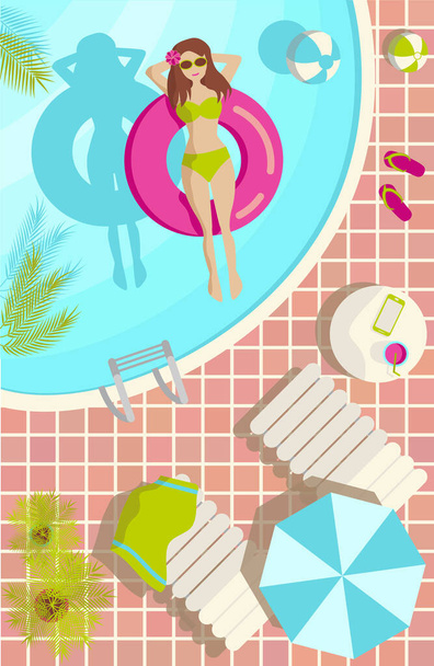 Illustration tropicale verticale d'été avec une fille en bikini et piscine resort - Photo, image