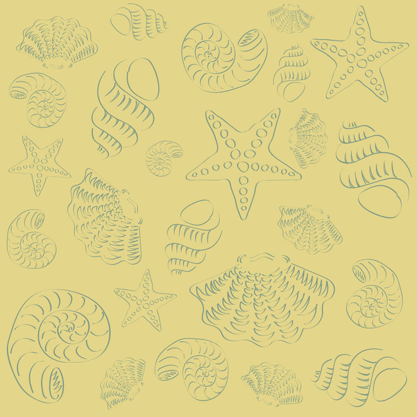 手描きの海の生き物シェルとアウトラインスタイルのベクトルでヒトデとパターン - ベクター画像