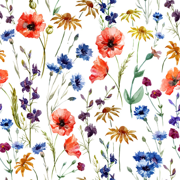 Watercolor poppy, cornflower, daisy wild flowers background - Vector, imagen